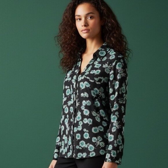 Express Tops - Express Portofino Teal & Black Floral Roll Tab Long Sleeve Womens Top Size Large